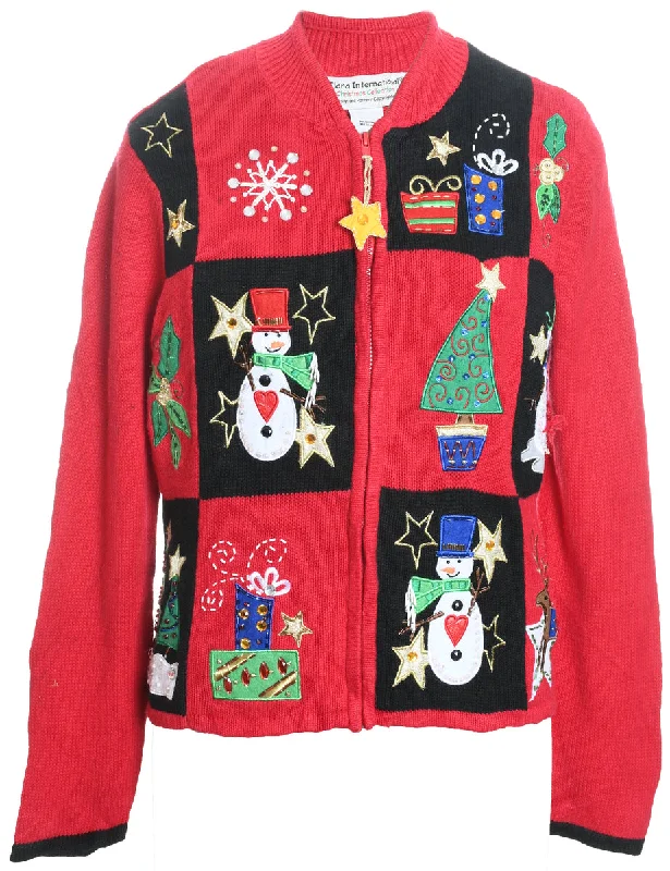 Snowman Christmas Cardigan - M Boxy Cardigan Fitted Cardigan A-Line
