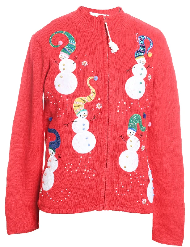 Snowman Christmas Cardigan - M Real Fur Shearling Chenille