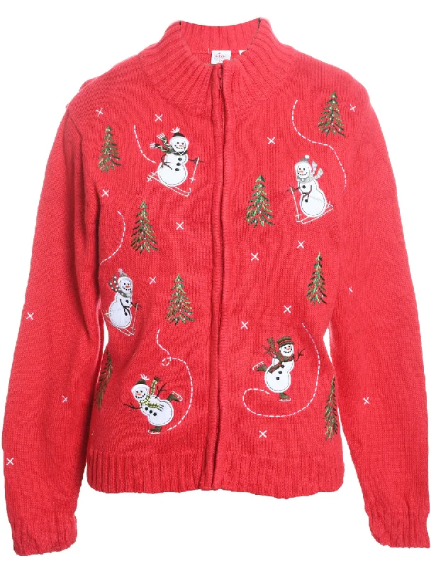 Snowman Christmas Cardigan - M Chenille Fabric Brocade Fabric Lace Fabric