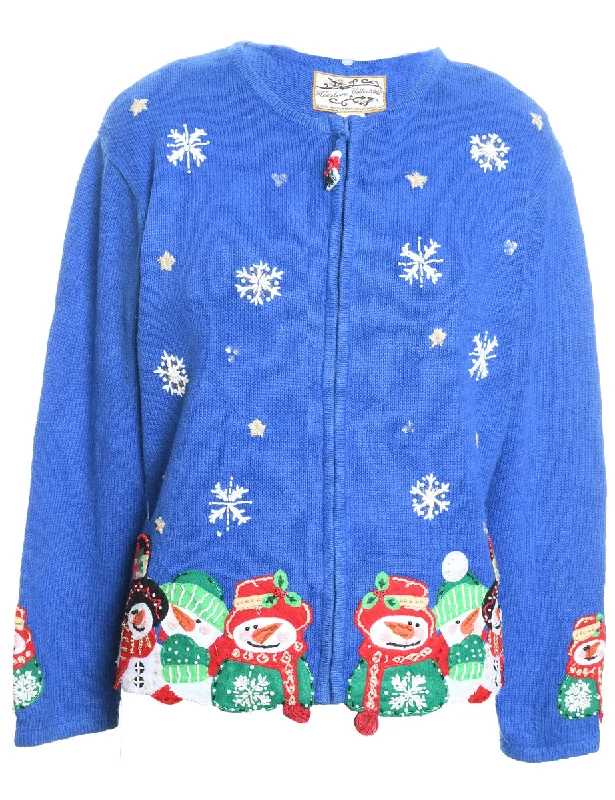 Snowman Christmas Cardigan - M Spandex Blend Rayon Blend Denim Blend