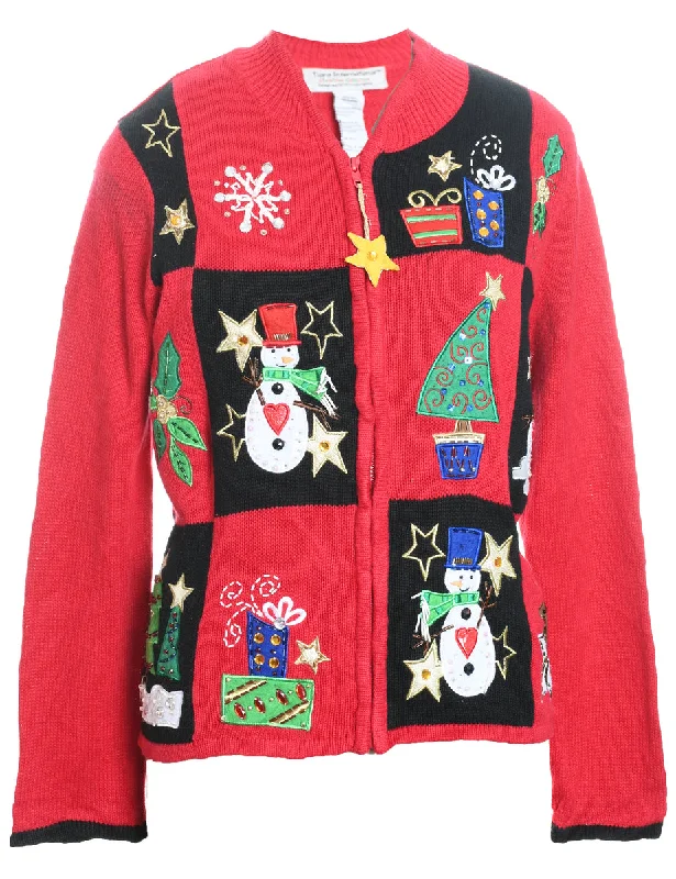 Snowman Christmas Cardigan - M Iron Safe Non-Iron Wrinkle Free