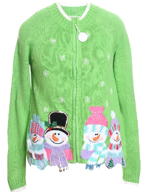 Snowman Design Green & Pink Christmas Cardigan - L Velvet Chenille Corduroy