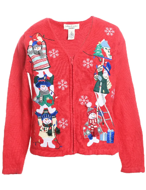 Snowman Design Red Appliqued Christmas Cardigan - S Anti-Pilling Anti-Shrink Durable Snowman Design Red Appliqued Christmas Cardigan - S Anti-Pilling Anti-Shrink Durable