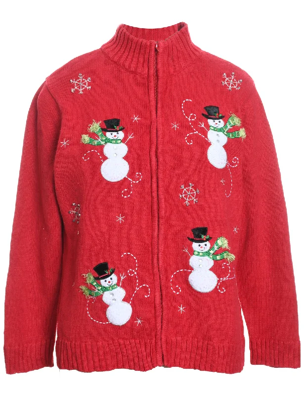 Snowman Design Zip-Front Embroidered Christmas Cardigan - L Layered Multi-layer Single Layer Snowman Design Zip-Front Embroidered Christmas Cardigan - L Layered Multi-layer Single Layer