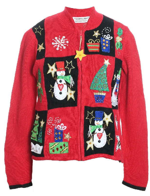 Snowman Design Zip-Front Multi-Colour Christmas Cardigan - M Transparent Opaque Sheer Snowman Design Zip-Front Multi-Colour Christmas Cardigan - M Transparent Opaque Sheer