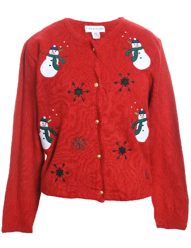 Snowman Red Knit Christmas Cardigan - M Bright Pastel Dark