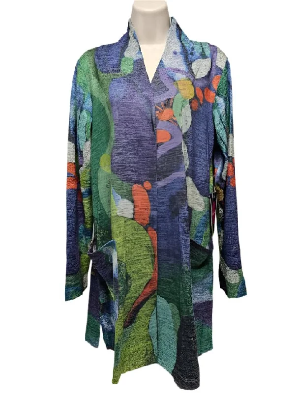 Cardigan - Open front - Purple / Green Abstract Women's 91783 Elasticated Padded Insulated Cardigan - Open front - Purple / Green Abstract Women's 91783 Elasticated Padded Insulated