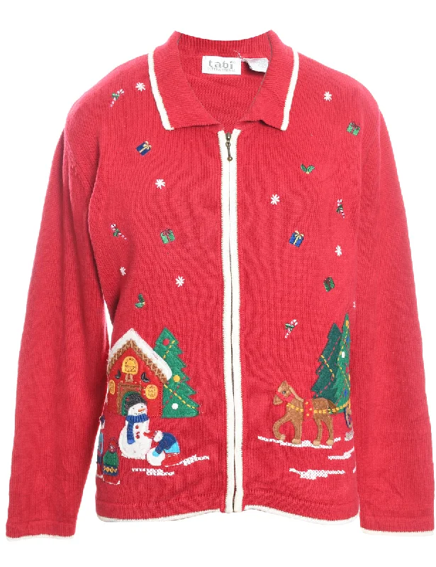 Winter Scene Design Christmas Cardigan - M Asymmetrical,ymmetric Pencil Cardigan