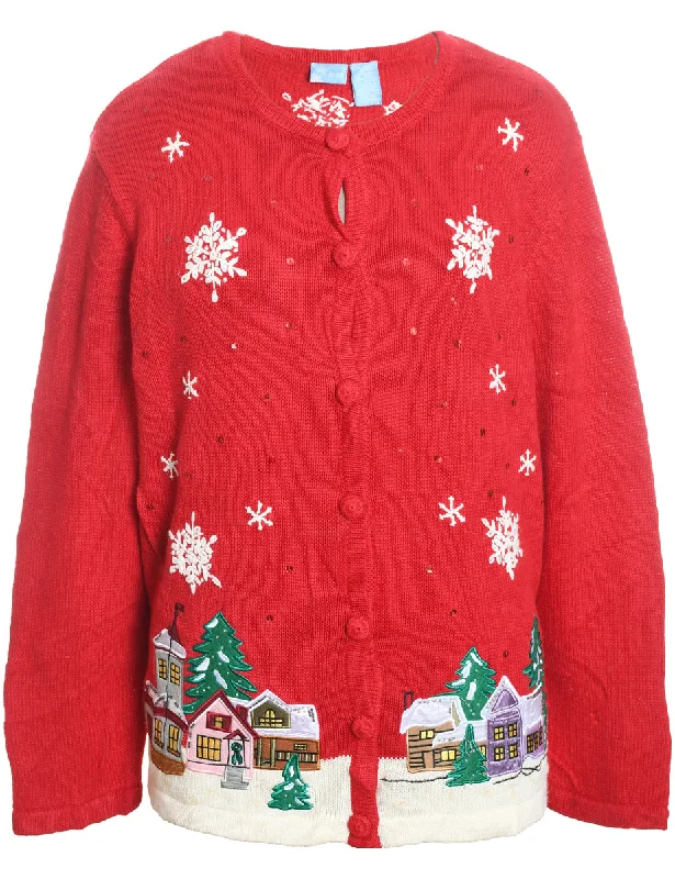 Winter Scene Design Knit Red Christmas Cardigan - M Machine Wash Dry Clean Hand Wash